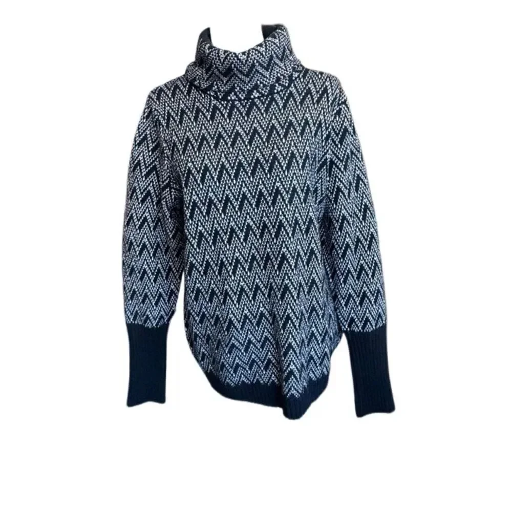 Ellen Tracy Turtleneck Sweater Black White Chevron SZ XL
